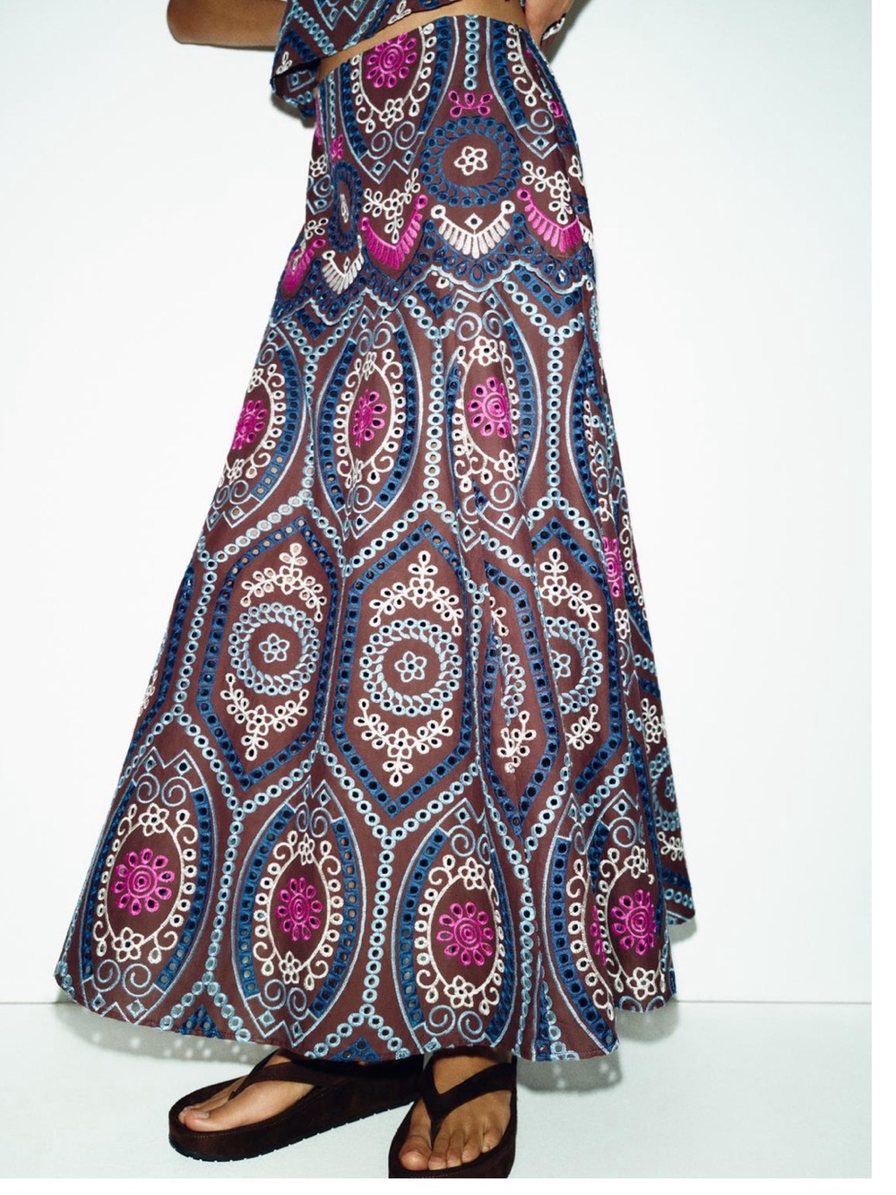 Zara Embroidered Eyelet A-Line Madi  Skirt in Brown with Blue & Pink Accent - Picture 3 of 9